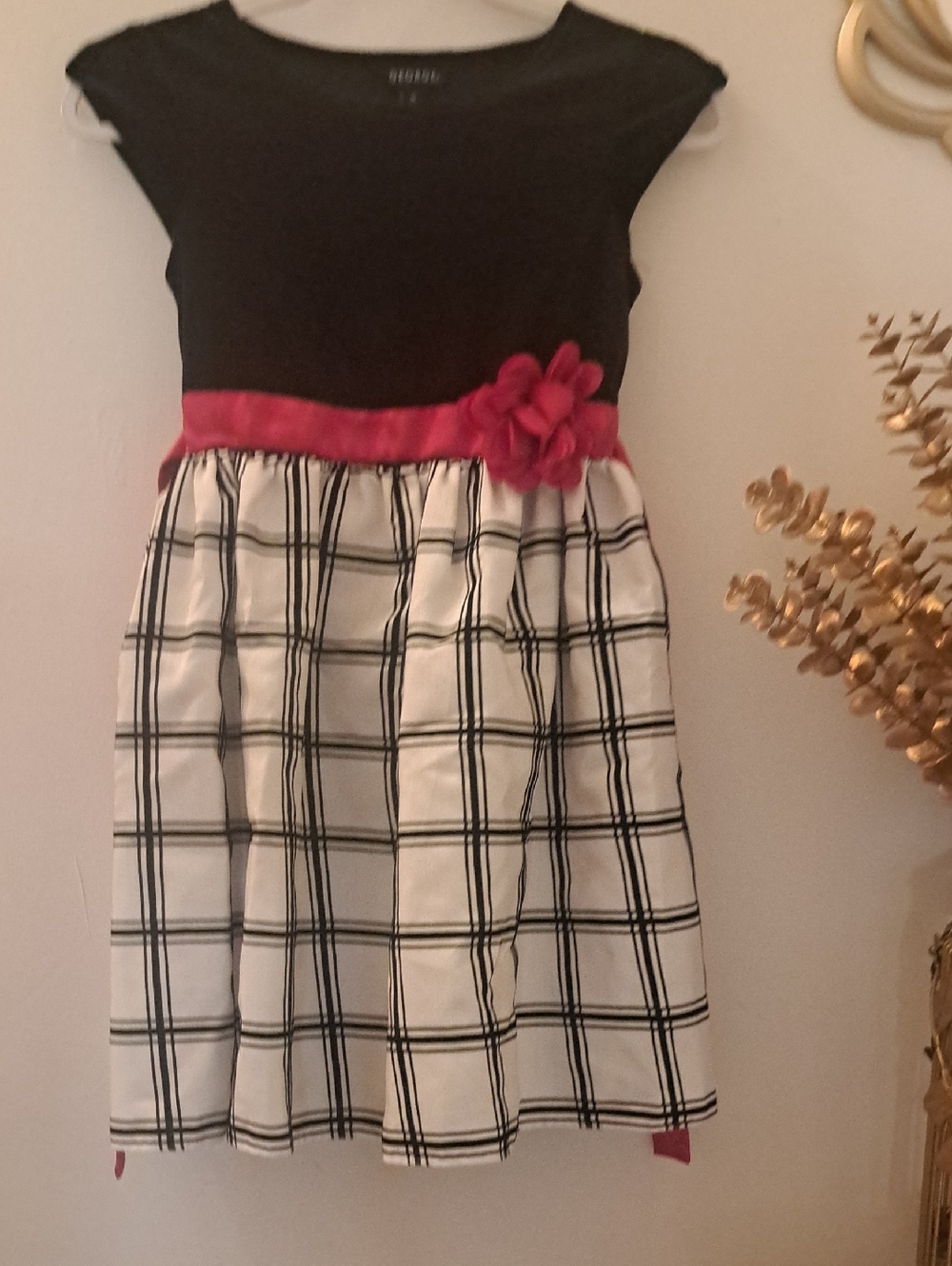 George Black, White & Pink Plaid Flower Waist Girls Dress